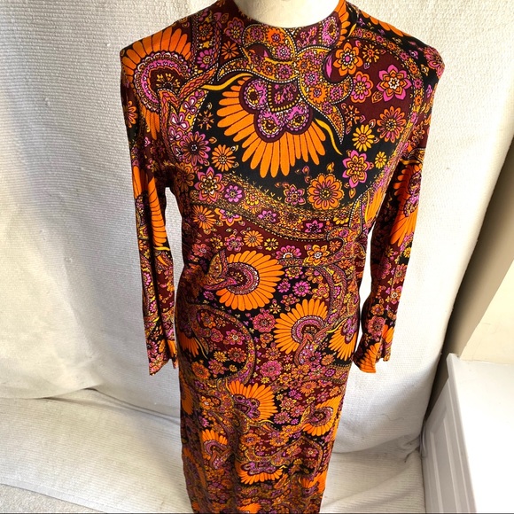 Vintage 60s 70s M Psychedelic Print Maxi Dress - Picture 10 of 12